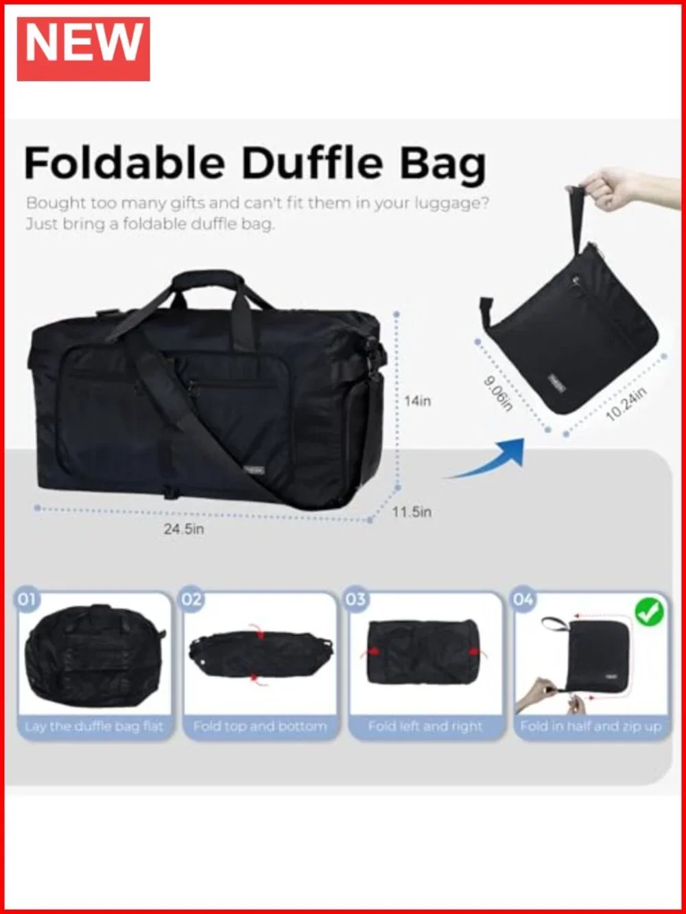 65L Foldable Travel Duffel Bag with Shoe Compartment, Water Repellent